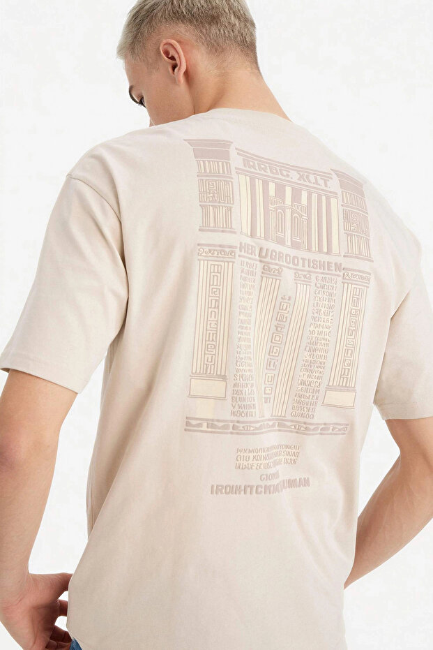 F8030Axbg74 Beige 100% Cotton Boxy Fit Printed T-Shirt