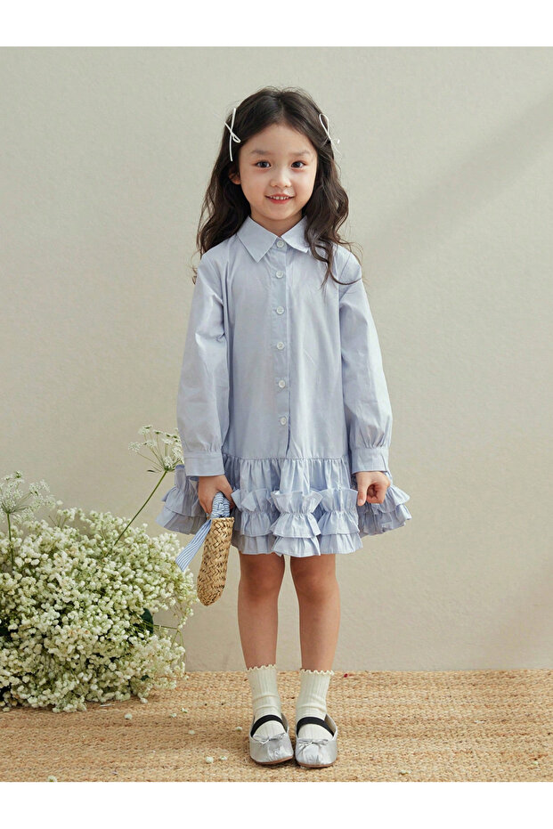 Girls Blue Cotton Ruffle Hem Knee Length Dress