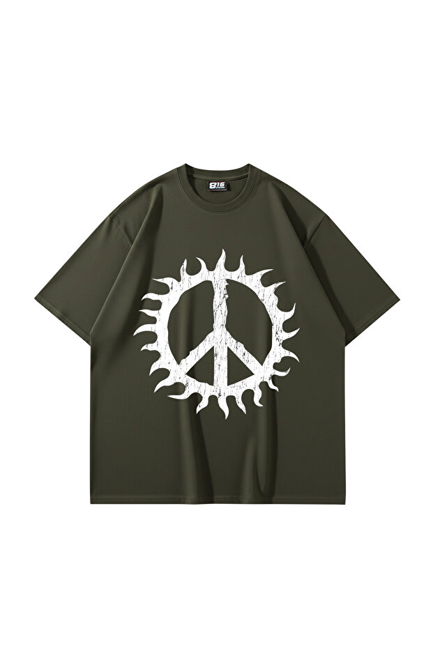 تيشيرت Peace Life مطبوع كبير الحجم للجنسين باللون الكاكي