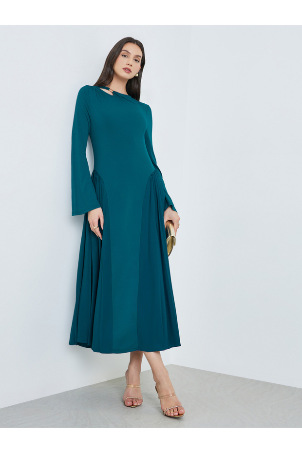 Teal Cut-Out Detail Pleated Maxi Dress