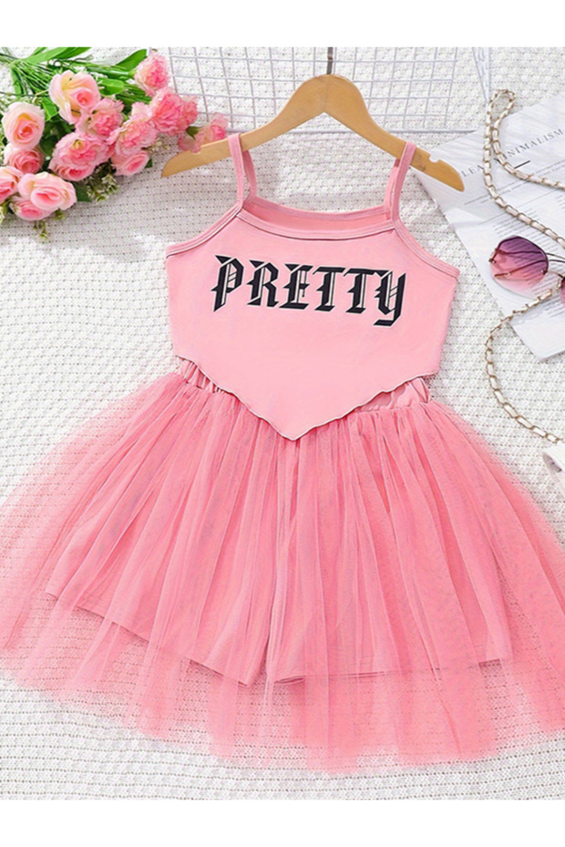 Girls Strappy V-Shaped Hem Cami Top and Mesh Ruffle Mini Skirt Set
