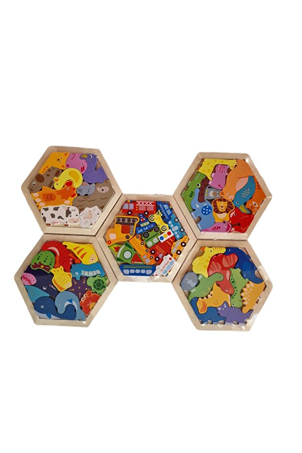 Puzzle lemn hexagonal 5/set mixt