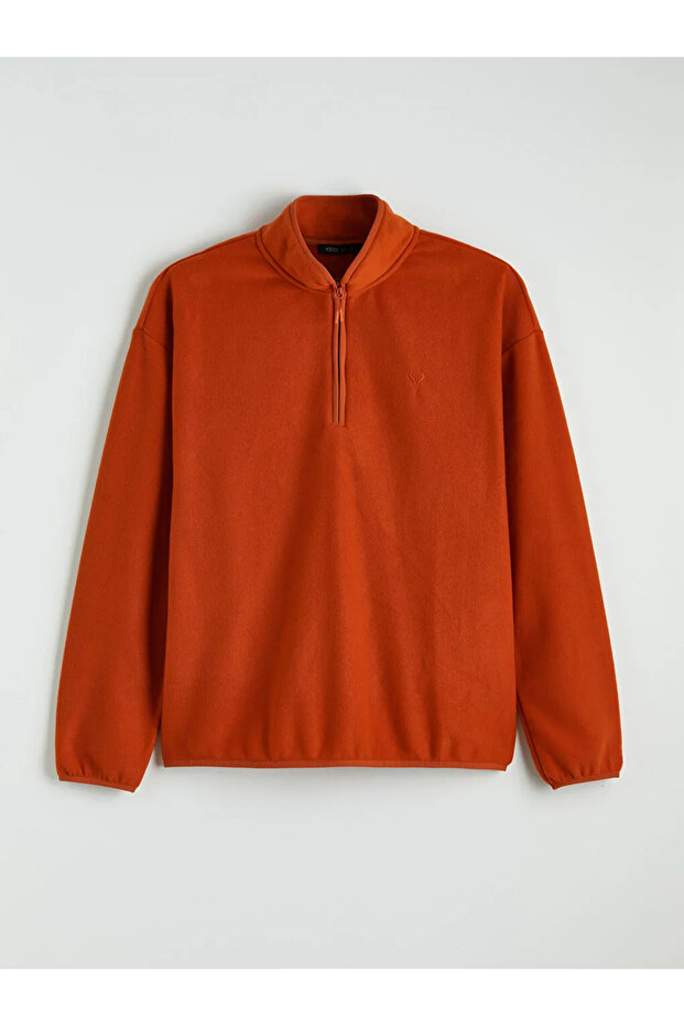 Orange Mock Neck Embroidered Fleece Men's Sweatshirt