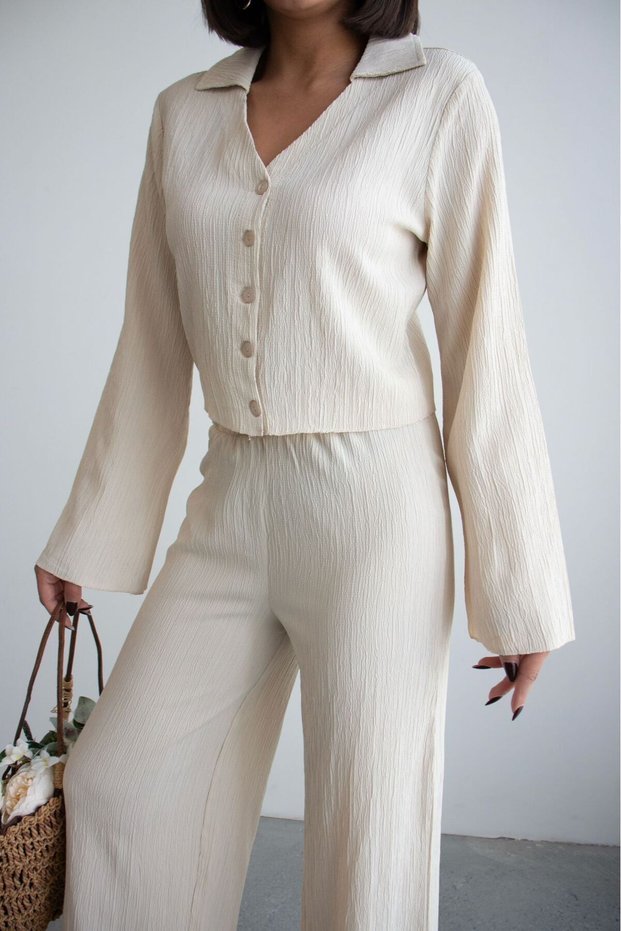 Women's Crinkle Fabric Button Shirt and High Waist Wide-Leg Pant Set