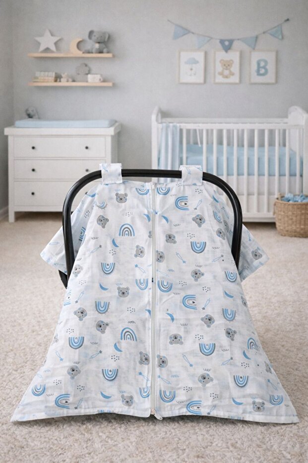 Muslin Baby Stroller Cover / Zippered and Patterned Compartments / 100% Cotton