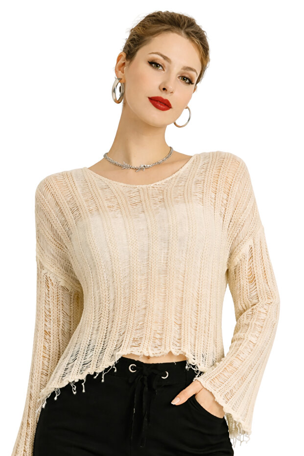 Beige Lace-Like Knit Tasseled V-Neck Transitional Cotton Pack Women's Knitwear Blouse