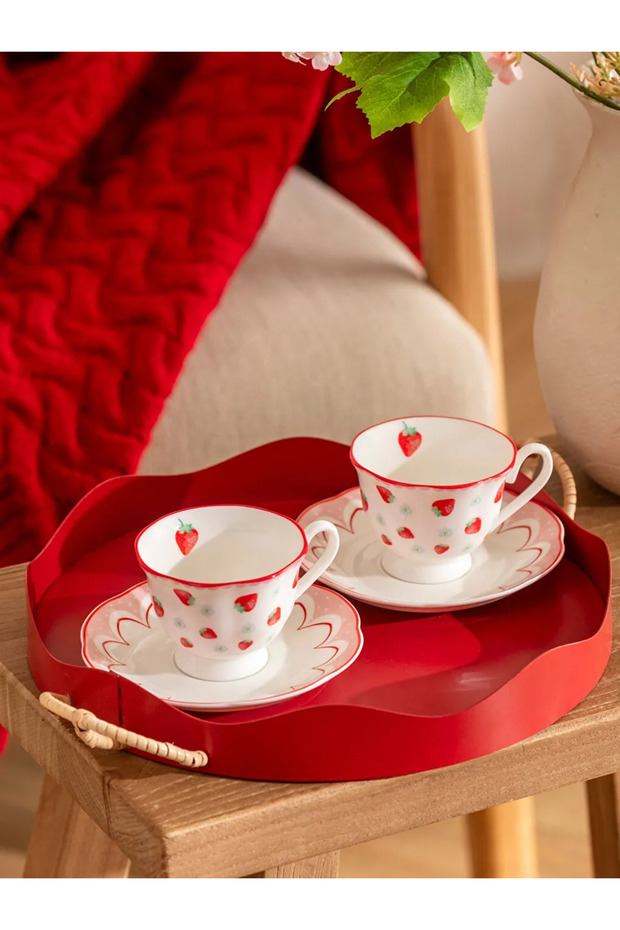 Lcw Home Red Printed 2-Person Porcelain Coffee Cup Set 90 ml