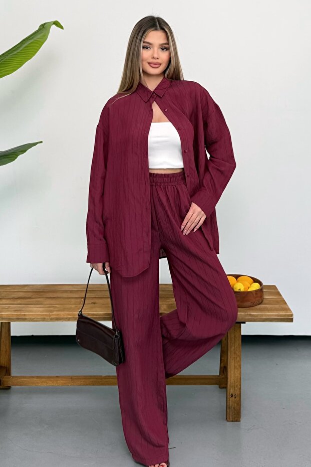 Women's Linen Textured Self-Designed Striped Look Comfortable Fit Shirt and Trousers Set
