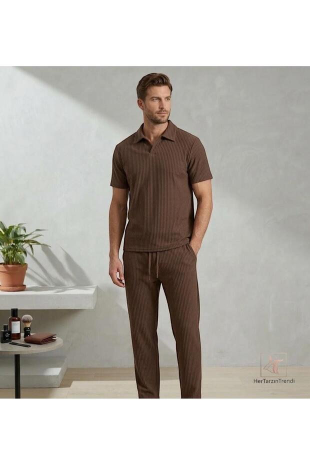 Ottoman Patched Polo Collar T-Shirt and Baggy Sweatpants - %100 Cotton - Summer, Casual Wear 2-Piece Set