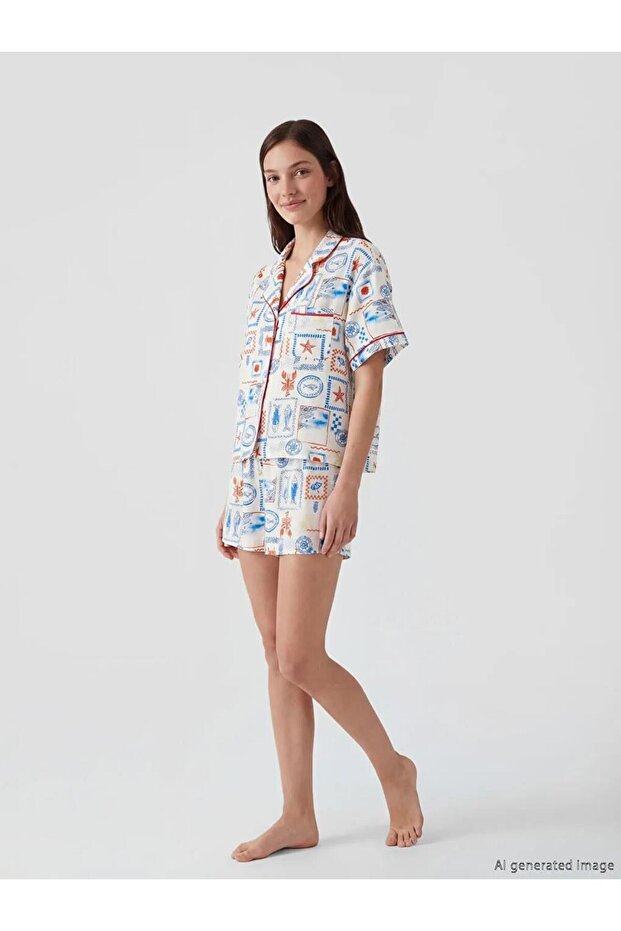 Shirt Collar Printed Women's Shorts Pajama Set (S6)