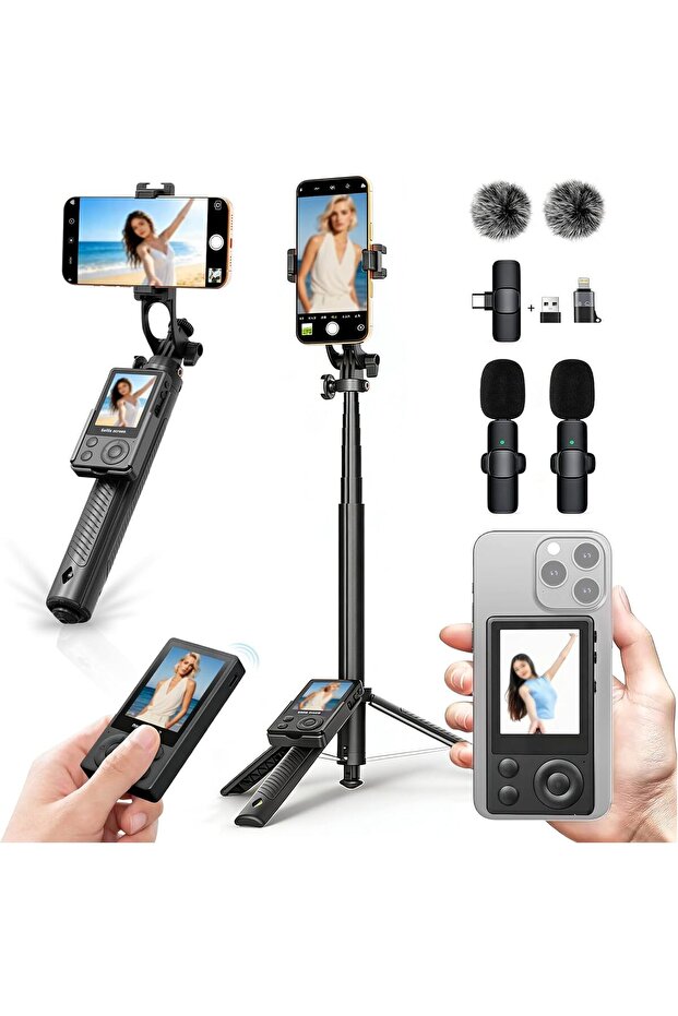 Wireless Selfie Monitor Vlogging Kit with Microphone, 65in Extendable Phone Tripod Selfie Stick
