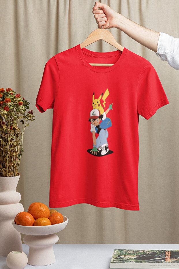 Pi̇ka Cartoon Character Printed Crewneck Cotton Cotton Size Oversized Short Sleeve Unisex Tshirt