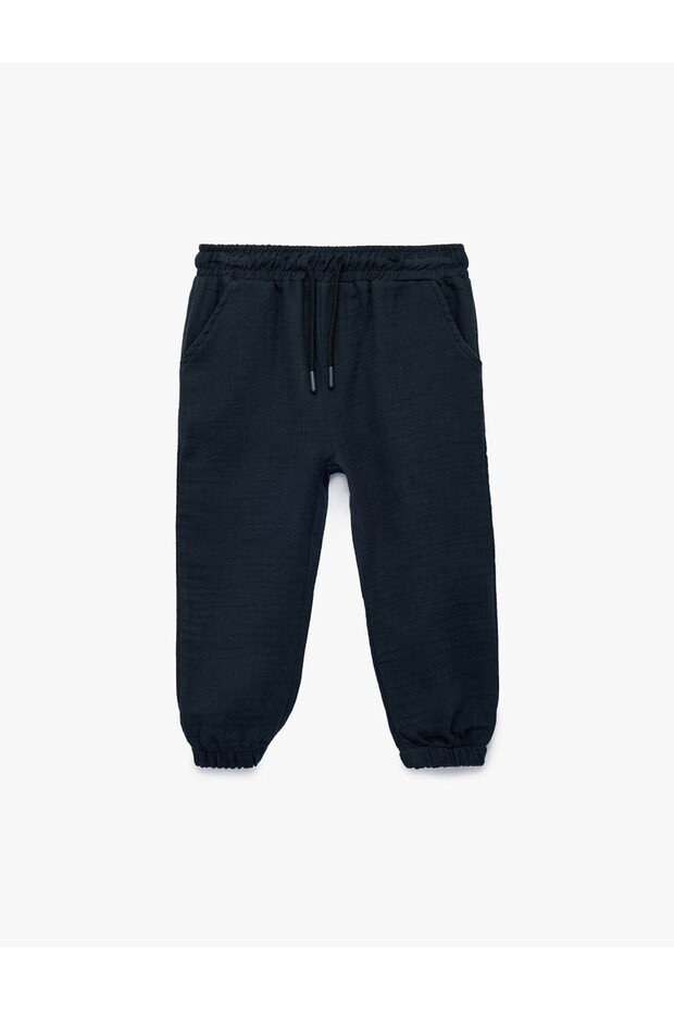 Cotton Lace-Up Waist Muslin Fabric Basic Jogger Pants