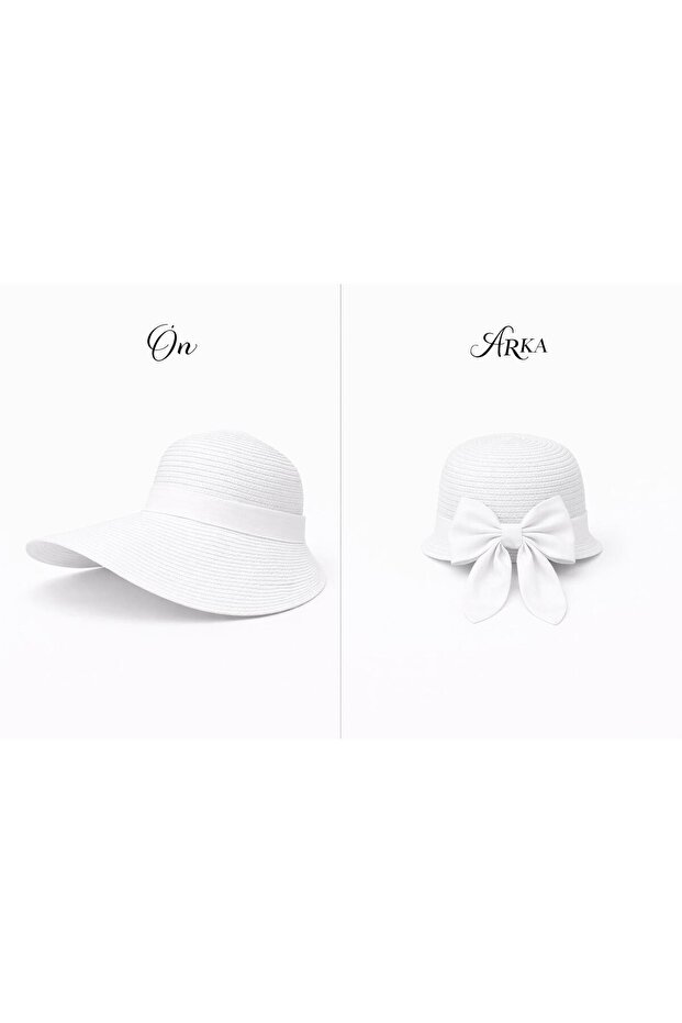 Straw Hat with Wide Front Brim and Short Ribbon Detail on the Back | Thick, Tightly Knitted Summer Women's Hat