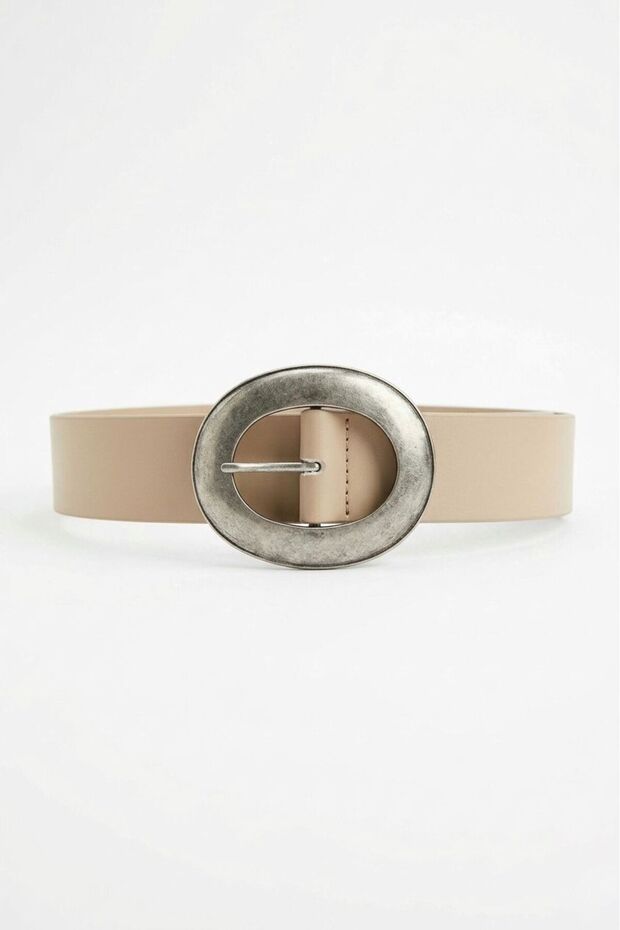 Vintage Faux Leather Oval Buckled Beige Belt