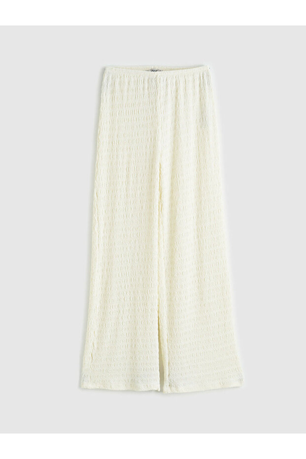 Beige Textured Women's Trousers with Elastic Waist