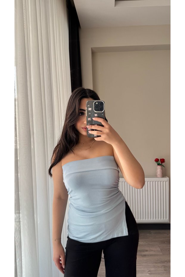 Women's Baby Blue Blouse Ruched Detail Slit Strapless Cotton