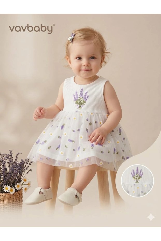 Baby Girl Lavender and Daisy Embroidered Tulle Detail Dress White