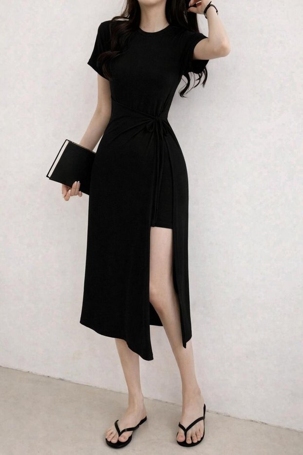 Taina Elegant Black Midi Dress with Side Slit Waist Detail Casual & Stylish
