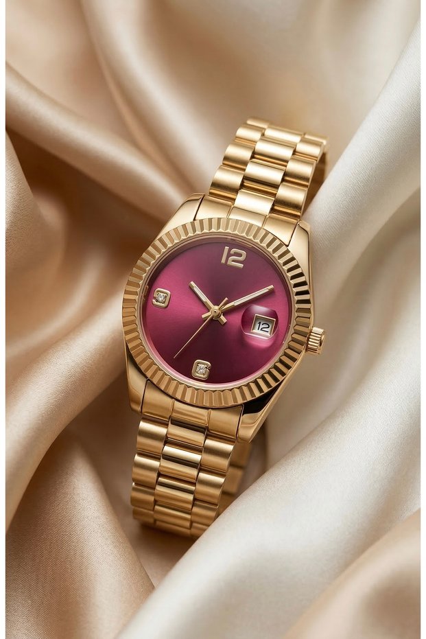 Women's Steel Watch Gold Color Burgundy Dial Luxury Edition | Stylish Elegant Design Women's Wristwatch 2026