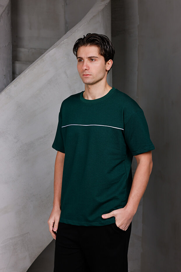 Men's Paneled Stripes Oversized Crew Neck 2 Two Yarn Ko Compact -Shirt