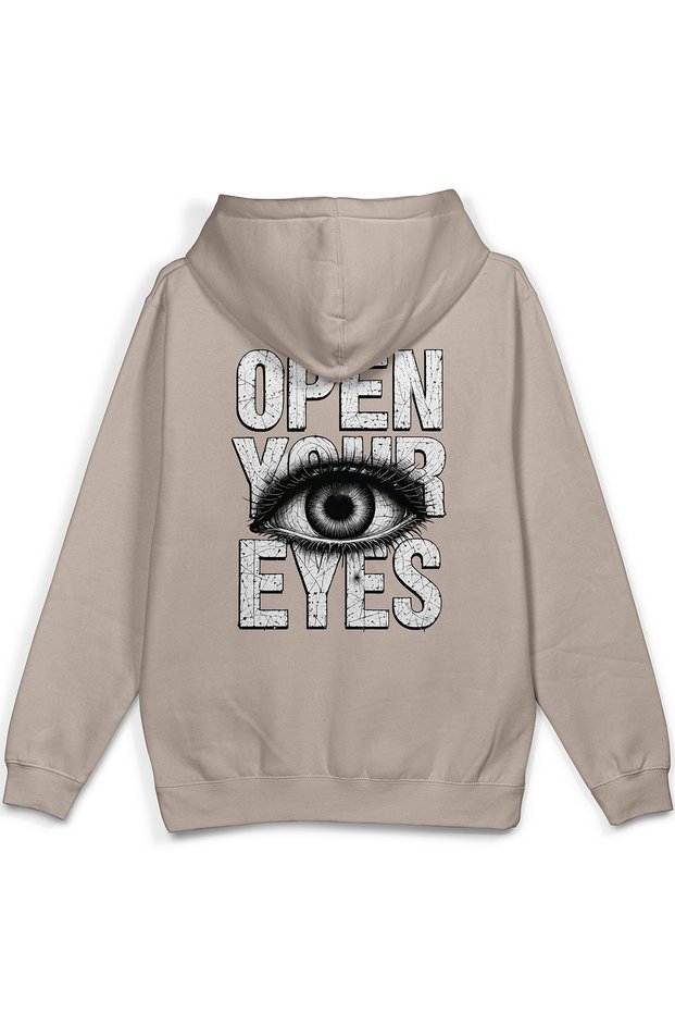 Open Your Eyes Göz Sırt Printed Hooded Yarı Oversized Sweatshirt Stone Color Hoodie 1394