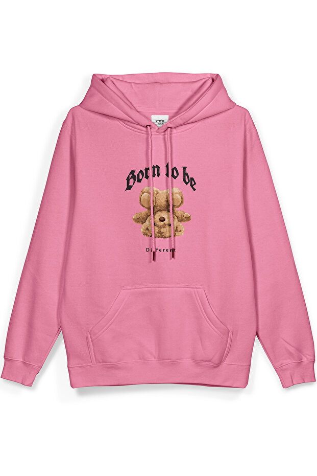 Teddy Bear Born to Be Different Printed Hooded Half Oversized Sweatshirt Pink Hoodie 1095