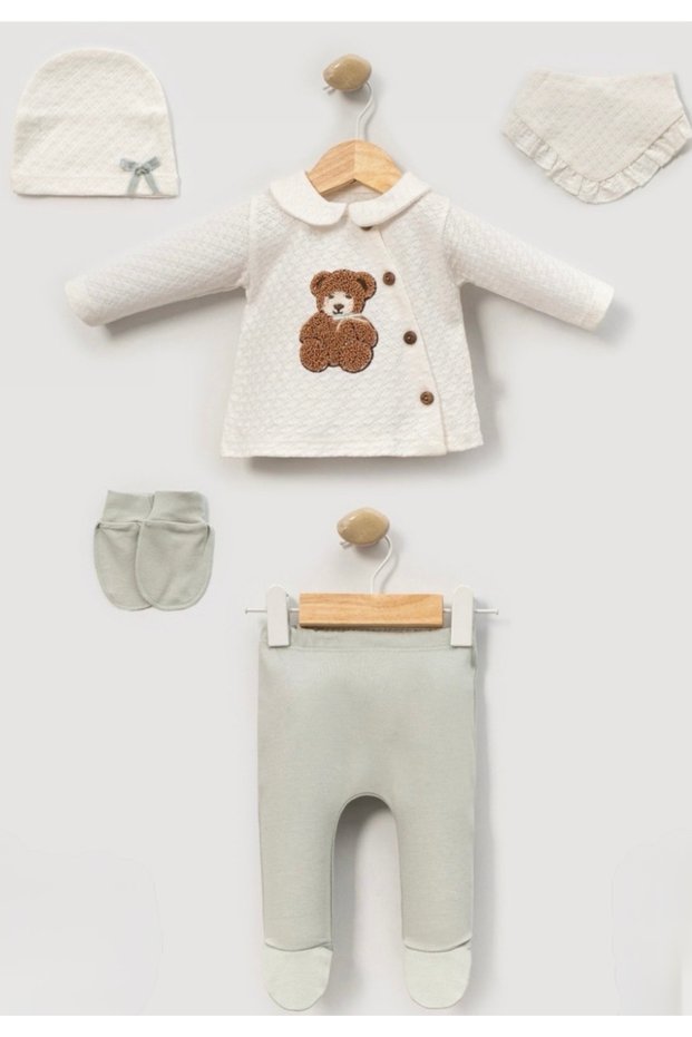 Süzine Ayıcık Jacquard Newborn Baby Girl 5-Piece Hospital Discharge Bodysuit Set Baby Outfit