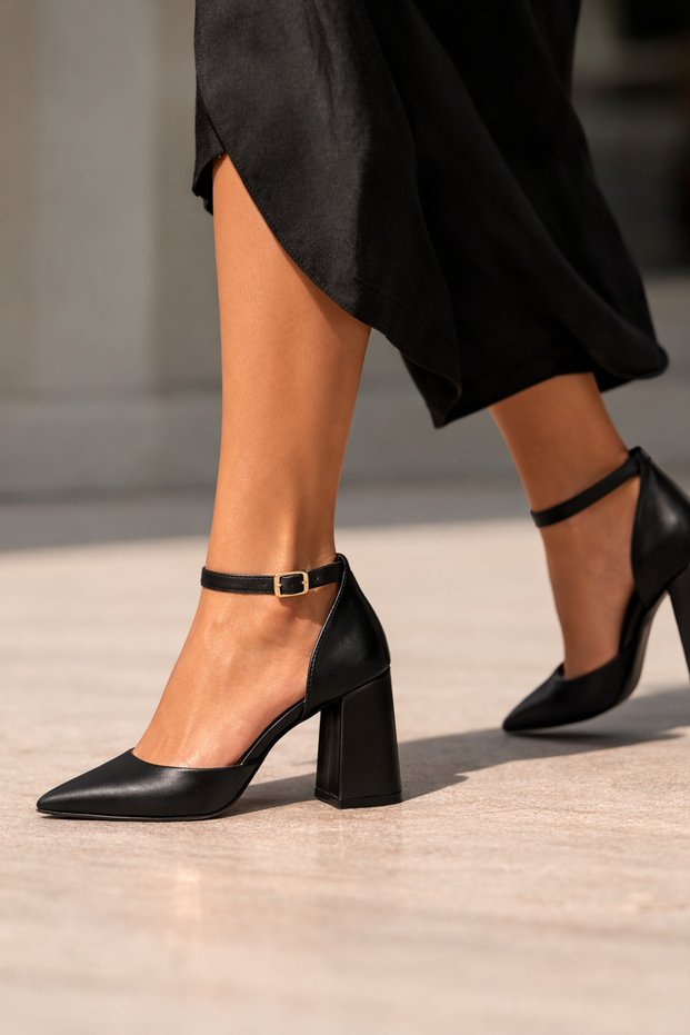 Women's Ankle-Tie Heeled Shoes Genuine Black Leather