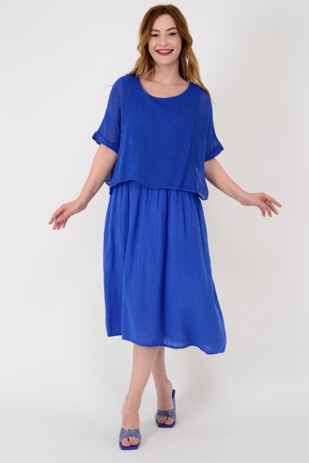 Women's Italian S Cobalt Blue Plain Pattern Mesh 100% P Cotton a Lined Midi Dress