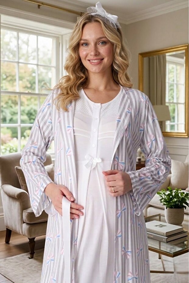 New Season Ecru Patterned Shawl Collar Summer Special Design 100% Cotton Full Length Maternity Dressing Gown Nightgown Set