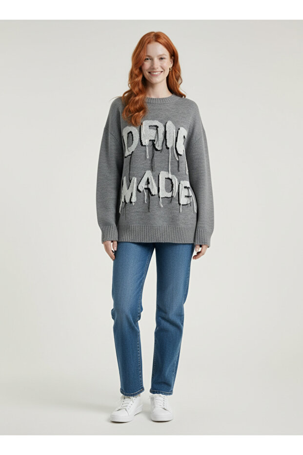 Women's Oversized Gray Knitwear Printed Sweater