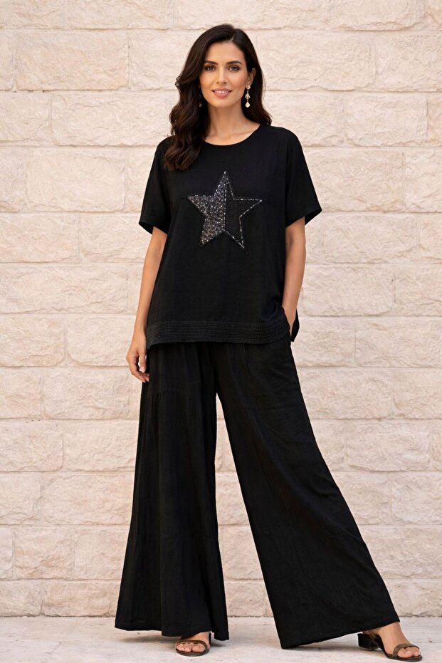 Women's 100% Linen Fabric Star Patterned Sequin Blouse and Wide-Leg Pants 2-Piece Combination