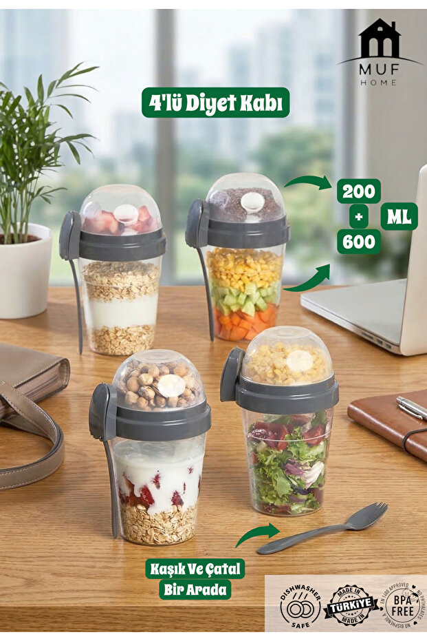Qlux Ideas Set of 4 Double Compartment Diet, Salad, and Yogurt Containers - with Self-Contained Fork and Spoon, Bpa Free