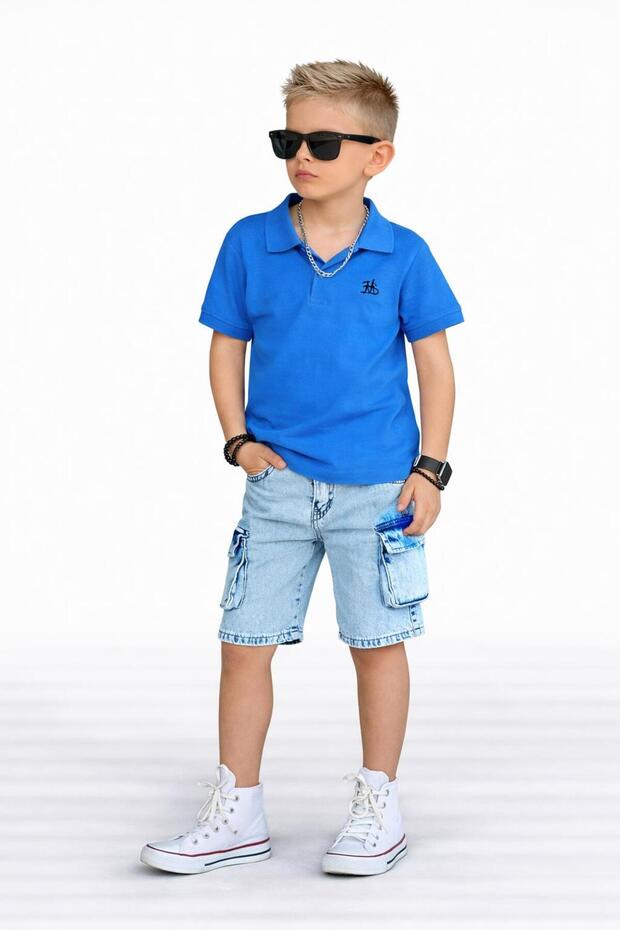 Boy's Polo Collar T-Shirt and Shorts Set-23021 Blue