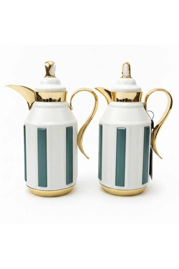 Premium 2-Piece Vacuum Flask Set 1+1 L White & Gold with Green Accent Model 1