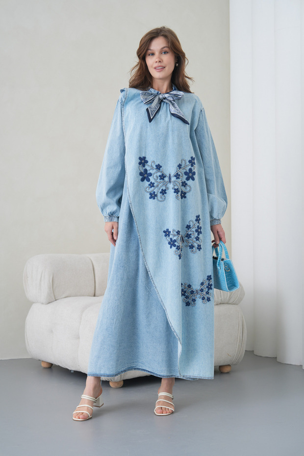 Women's Butterfly Embroidered Scarf Summer Denim Dress