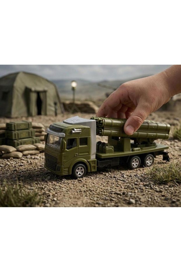 Military-Themed Toy Missile Truck with Pull-Back Mechanism, 8-Missile Launcher, and Ramp
