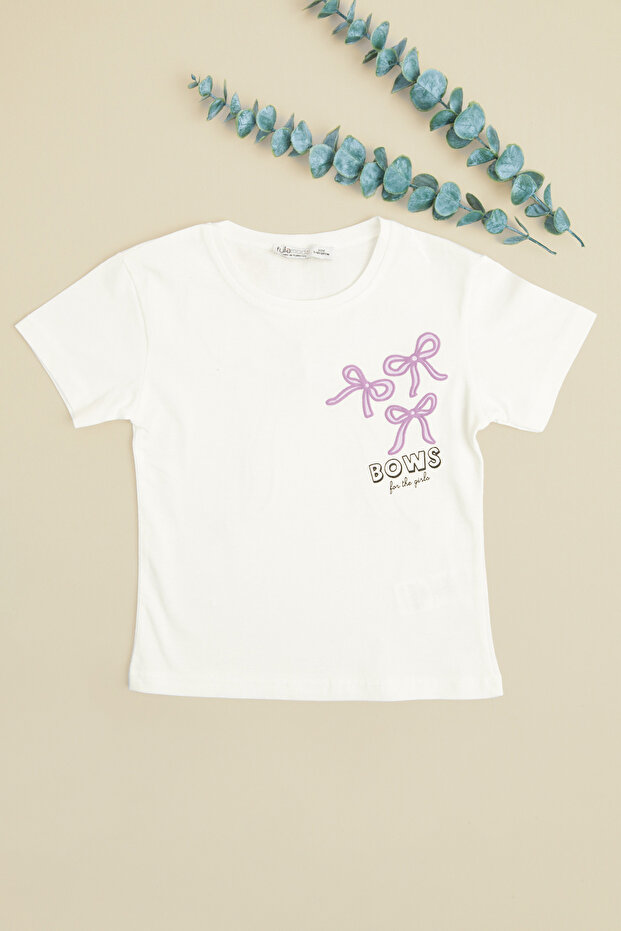 Bow Embroidered Crew Neck Girls' T-Shirt