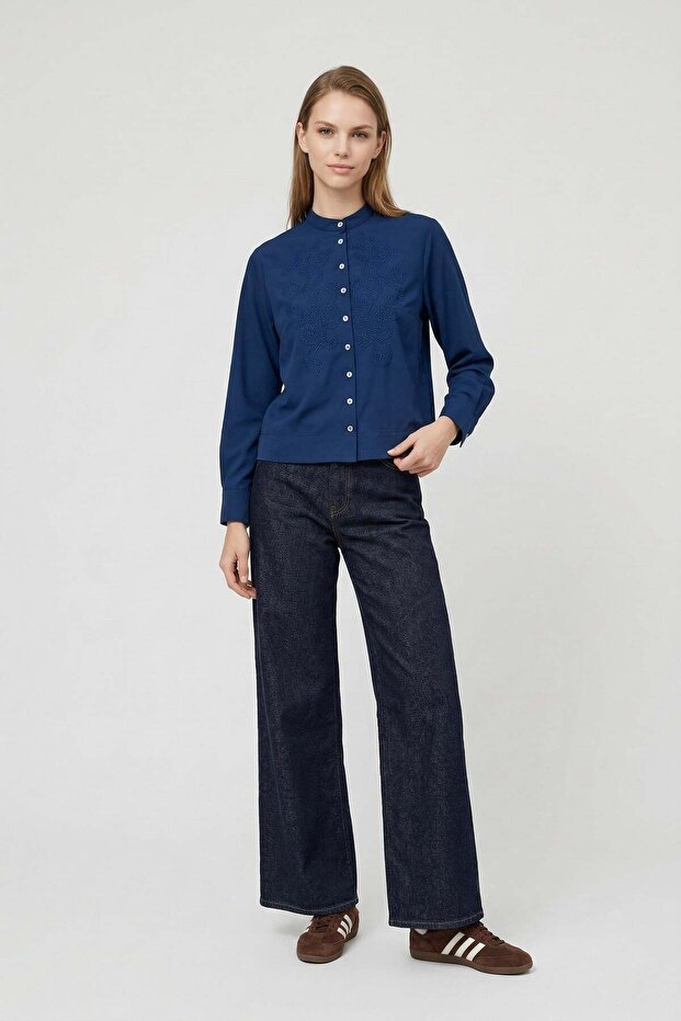 Indigo-Embroidery Detailed Shirt