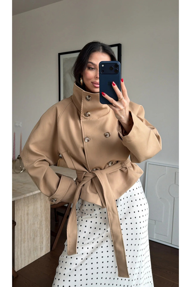 Milky Brown Mock Neck Belted Trench Coat - 501326