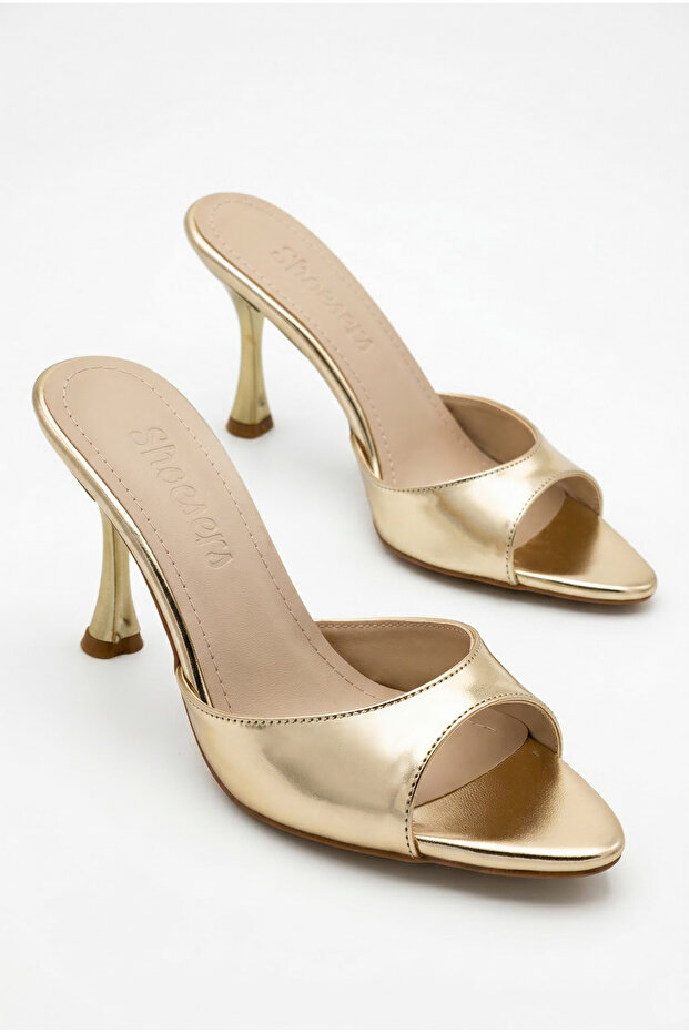 Women's Pointed Toe Thin High Heeled Metallic Gold Evening Dress Slippers