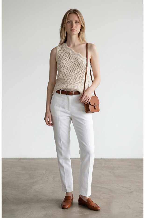 Women's Beige One Shoulder Knitwear Blouse