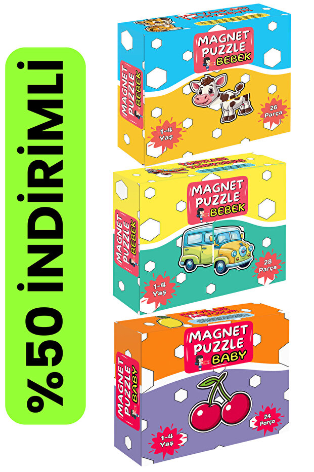 minkino 3'lü Magnet Puzzle Seti (Hayvanlar + Meyveler + Taşıtlar) | Mıknatıslı Yapboz seti