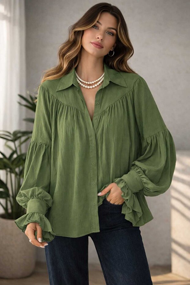 Women's Casual Fit Oversized Ruched Low Shoulder Textured Shirt - Cuff Detail