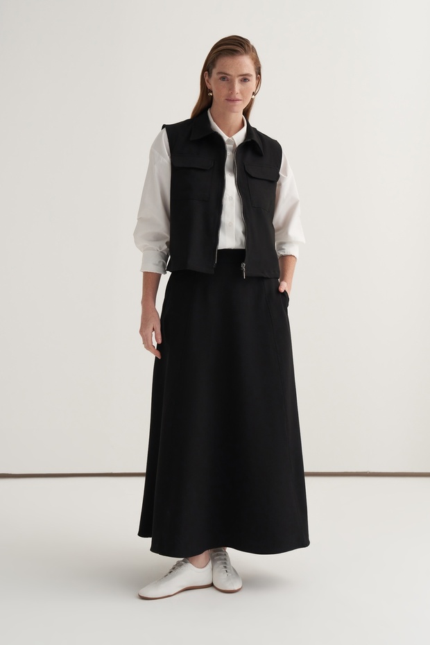 Women's Gabardine Vest Set Skirt Suit Black