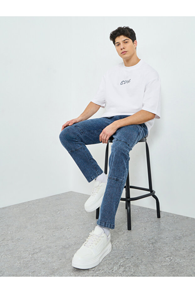 Men Washed Chambray Trousers with Cut and Sew Detail