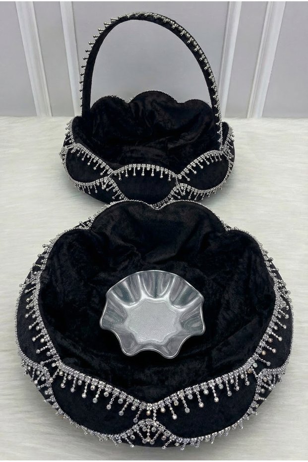 Black Bridal Henna Night Tray Basket Set, Silver Shiny Stone Decorated, Engagement, Wedding, Marriage, Promise