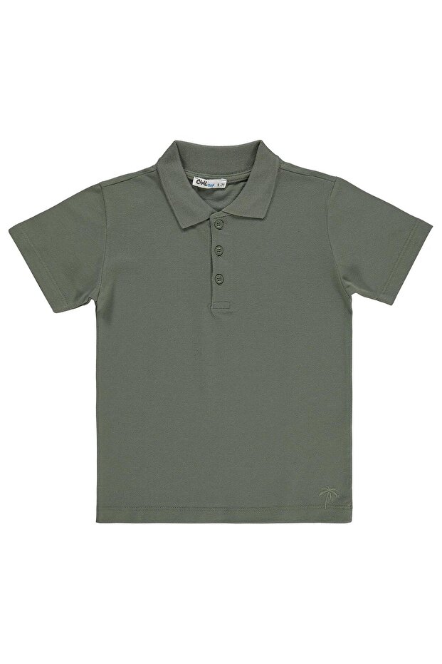 Boy's Palm Tree Embroidered Polo Collar T-Shirt for Ages 6-9 - Khaki