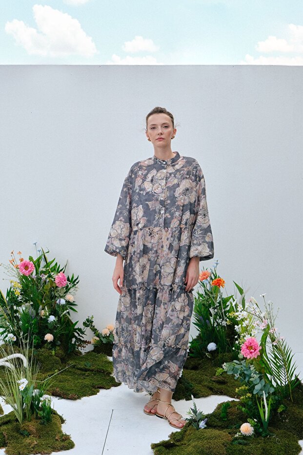 Women's Chiffon Ruched Dress Shimmering Floral Pattern Smoked